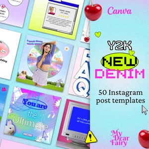 May include: A collection of 50 Instagram post templates with a Y2K aesthetic. The templates feature a variety of colors, including pink, blue, green, and yellow. The text "Y2K NEW DENIM" is displayed in a pixelated font. The templates are perfect for promoting your brand or sharing your personal style.