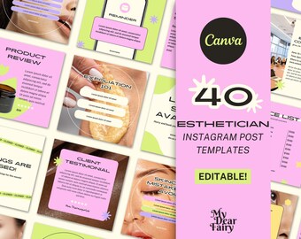 Peut inclure: Un ensemble de 40 modèles de publication Instagram modifiables pour les esthéticiennes. Les modèles présentent un schéma de couleurs rose et vert avec divers designs, notamment un avis sur un produit, un témoignage de client, des conseils d'exfoliation et un rappel. Les modèles sont conçus pour aider les esthéticiennes à promouvoir leurs services et à se connecter avec leurs clientes.