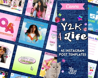 May include: A set of 45 Instagram post templates with a Y2K aesthetic. The templates feature a variety of colours, including pink, blue, green, and yellow. The templates include text such as "Meet the Owner", "Left No Crumbs", and "New Product". The templates also feature images of a cat, a woman, and a cherry.