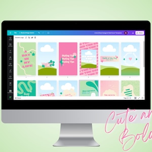 May include: A computer screen displaying a design program with 12 different Instagram story templates. The templates feature a green and pink color scheme with text and illustrations. The text on the templates includes phrases like "A Day in My Life", "Styling Tips", "Behind the Scenes", and "Out of the Day". The text "Cute and Bold" is written in pink cursive at the bottom of the screen.