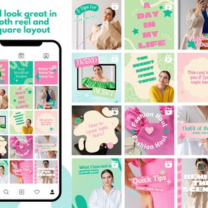 May include: A phone screen displaying a grid of 16 colorful squares with text and images. Each square has a play button icon. The text includes "5 Tips for", "A Day in My Life", "The Secret About (Your Topic)", "This reel is for you if (your topic here)", "How to (your topic here)", "Fashion Haul", "Outfit of the Day", "What I Learned", "Quick Tips (your topic here)", "Behind the Scenes".