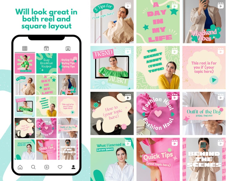 May include: A phone screen displaying a grid of 16 colorful squares with text and images. Each square has a play button icon. The text includes "5 Tips for", "A Day in My Life", "The Secret About (Your Topic)", "This reel is for you if (your topic here)", "How to (your topic here)", "Fashion Haul", "Outfit of the Day", "What I Learned", "Quick Tips (your topic here)", "Behind the Scenes".