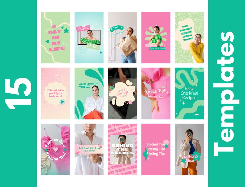May include: Fifteen colorful Instagram story templates with text overlays. The templates feature a variety of designs, including abstract shapes, stars, and text boxes. The text on the templates includes phrases like "A Day in My Life", "Trend Alert", "Quick Tips", and "Easy Breakfast Recipes".