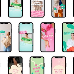 May include: A collage of 12 Instagram story templates with different backgrounds and text overlays. The templates feature a variety of topics, including fashion, beauty, and lifestyle. Some of the text overlays include "Styling Tips", "Trend Alert", "Quick Tips", "Weekend Vibes", and "Fashion Haul".