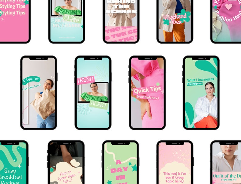 May include: A collage of 12 Instagram story templates with different backgrounds and text overlays. The templates feature a variety of topics, including fashion, beauty, and lifestyle. Some of the text overlays include "Styling Tips", "Trend Alert", "Quick Tips", "Weekend Vibes", and "Fashion Haul".