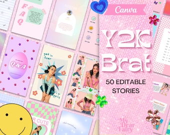 May include: A selection of pink and pastel Canva templates for social media stories. The design features the text "Y2K Brat" and "50 Editable Stories", along with various graphics and images.