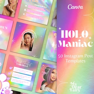 Holographic Instagram Post Templates, Holo Canva Templates, Iridescent, Rainbow Gradient Social Media Templates, Colorful Branding