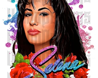 Könnte beinhalten: Eine digitale Illustration von Selena, einer berühmten Sängerin, mit ihrem Namen in Glitzerbuchstaben und umgeben von roten Rosen. Der Hintergrund ist eine weiße Leinwand mit rosa und blauen Glitzer-Spritzen.