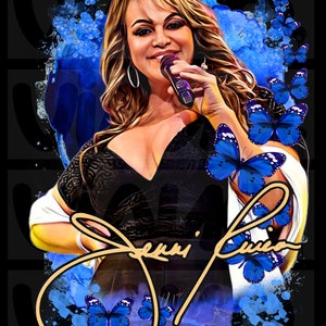 May include: A digital illustration of a woman singing into a microphone with blue watercolor butterflies and a gold signature that says "Jenni Rivera".