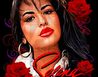 Könnte beinhalten: Eine digitale Illustration von Selena, einer berühmten Sängerin, mit ihrem Namen in roter Kursivschrift. Das Bild zeigt einen schwarzen Hintergrund mit roten Rosen und violetten Schnörkeln.