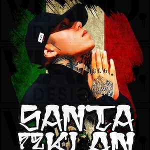 May include: A black and white graphic design with the text "SANTA FKLAN" in white letters. The design features a person with a black baseball cap and tattoos, looking up at a red, white, and green Italian flag.