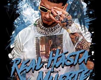 May include: A digital illustration of a man wearing sunglasses and a white t-shirt with the text "Real Hasta La Muerte" in blue and white. The background is a blue and white abstract design.