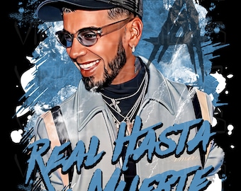 May include: A digital illustration of a man wearing a blue and black baseball cap, sunglasses, and a gray jacket. The background is blue and white with the text "REAL HASTA LA MUERTE" in blue.