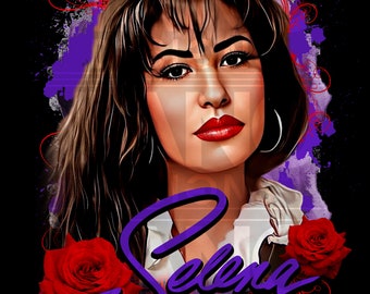 Könnte beinhalten: Eine digitale Illustration von Selena Quintanilla, einer berühmten Sängerin, mit einem violetten Hintergrund und roten Rosen. Das Wort "Selena" ist in violetten Buchstaben geschrieben.