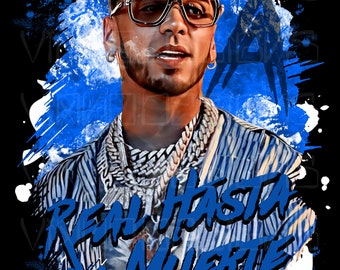 May include: A digital illustration of a man with a blue and white striped shirt, sunglasses, and a gold chain. The background is blue with white paint splatters. The text "Real Hasta La Muerte" is written in blue and white letters.