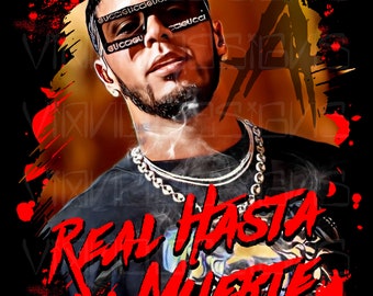 May include: Graphic design featuring a portrait of a man wearing sunglasses with the word "Gucci" on the frames. The image includes the text "Real Hasta La Muerte" in red, with a black background and red accents.