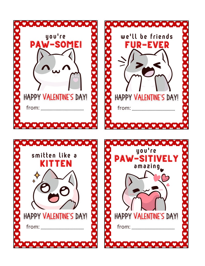 Printable Cat Valentine's Day Cards | Classroom Valentine Cards | Cat ...