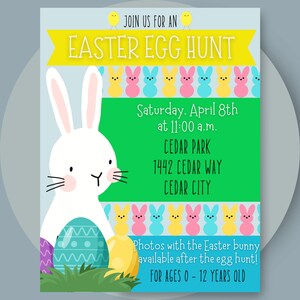 May include: An invitation to an Easter egg hunt at Cedar Park, located at 1442 Cedar Way in Cedar City. The event is on Saturday, April 8th at 11:00 a.m. and is for ages 0-12. The invitation features a cartoon bunny rabbit holding Easter eggs.