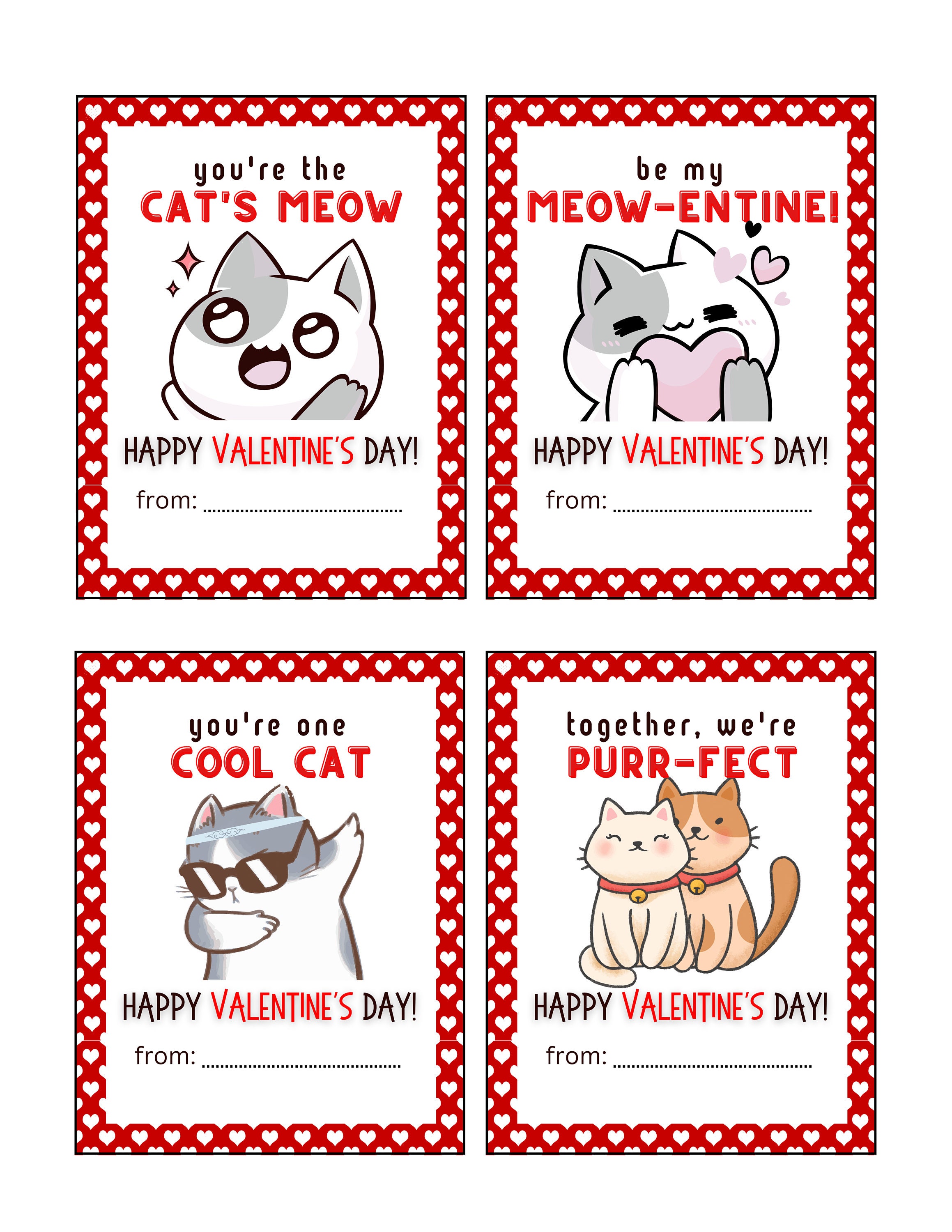 Printable Cat Valentine's Day Cards | Classroom Valentine Cards | Cat ...