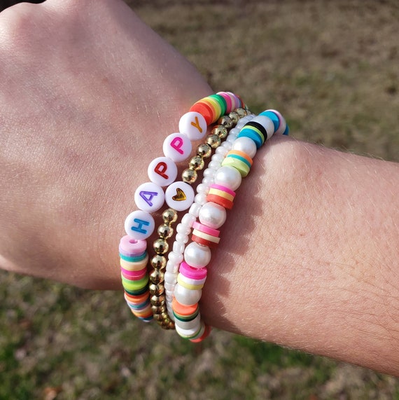 Rainbow Happy Bracelet Set/preppy Bracelet Set/summer Bracelet Set/clay  Bead Bracelet Set/ Trendy Bracelet Set/ Christian Bracelet Set - Etsy