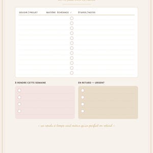Peut inclure: Une page de suivi des devoirs beige intitulée Suivi des devoirs avec des sections pour les projets, matières, échéances et notes. Elle comprend une liste à cocher, une section pour la semaine et une section pour les retards urgents, signée Lunapage Works.