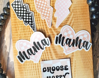 Lightning Bolt Sticker, Choose Happy, Checkered Stickers, Mama Stickers, Gifts for Kids, Gifts for Mom, Neutral Check Sticker