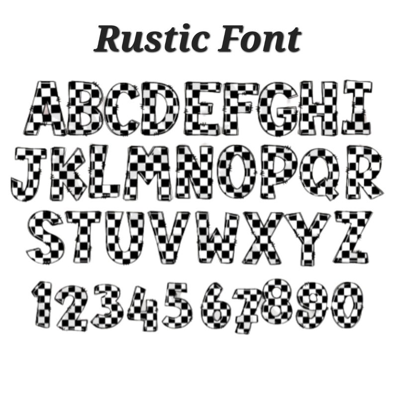 Pu&ograve; includere: Alfabeto di font a scacchi in bianco e nero con le lettere dalla A alla Z e i numeri da 1 a 0. Il font si chiama "Rustic Font".
