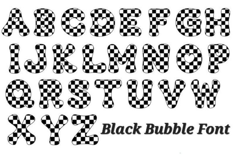 Pu&ograve; includere: Lettere dell'alfabeto a scacchi in bianco e nero in uno stile di font a bolle. Le lettere hanno un cuore bianco al centro di alcune lettere. Il testo "Black Bubble Font" &egrave; nella parte inferiore dell'immagine.