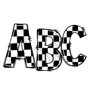 Pu&ograve; includere: Lettere a scacchi bianche e nere che compongono la parola "ABC". Le lettere sono stilizzate con bordi frastagliati.