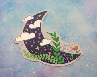 Crescent moon with plants, stars and clouds | holographic crescent moon | matte sticker | dreamy moon | nature moon | celestial | floral