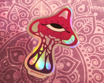 Holographic Mushroom Sticker | Trippy All-Seeing Eye, Waterproof Vinyl