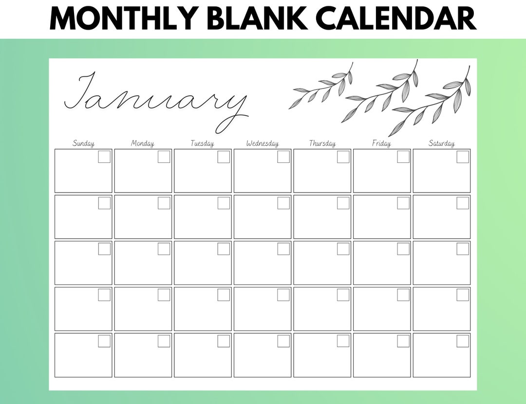 Monthly Blank Calendar, 11 X 8.5 Inches, PDF Printable, Instant ...