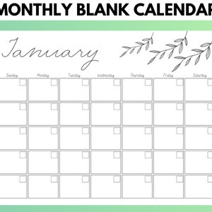 Monthly Blank Calendar, 11 x 8.5 inches, PDF Printable, Instant Download