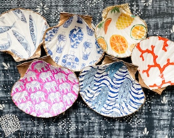 Scallop Shell Ring Dish, Hostess Gift, Graduation Gift, tiger decor, candy dish, Decoupaged Shell, Blue and White