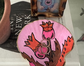 Pink and Orange Flowers, Scallop Shell, ring dish, Hand Painted Shell, jewelry holder, grandmillenial