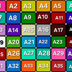 Puede incluir: Una cuadr&iacute;cula de treinta y seis muestras de color cuadradas dispuestas en seis filas y seis columnas. Cada cuadrado presenta un color de fondo s&oacute;lido &uacute;nico y est&aacute; etiquetado con texto blanco de A1 a A36, excepto A19 que tiene texto negro.