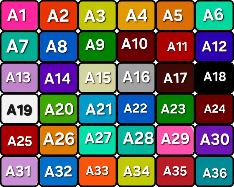 Puede incluir: Una cuadr&iacute;cula de treinta y seis muestras de color cuadradas dispuestas en seis filas y seis columnas. Cada cuadrado presenta un color de fondo s&oacute;lido &uacute;nico y est&aacute; etiquetado con texto blanco de A1 a A36, excepto A19 que tiene texto negro.