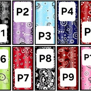 Puede incluir: Una cuadr&iacute;cula de diez muestras rectangulares con varios patrones de bandana de cachemira en negro, morado, azul claro, azul oscuro, rojo, verde lima y rosa. Cada muestra est&aacute; etiquetada con un recuadro blanco con texto negro de P1 a P10.