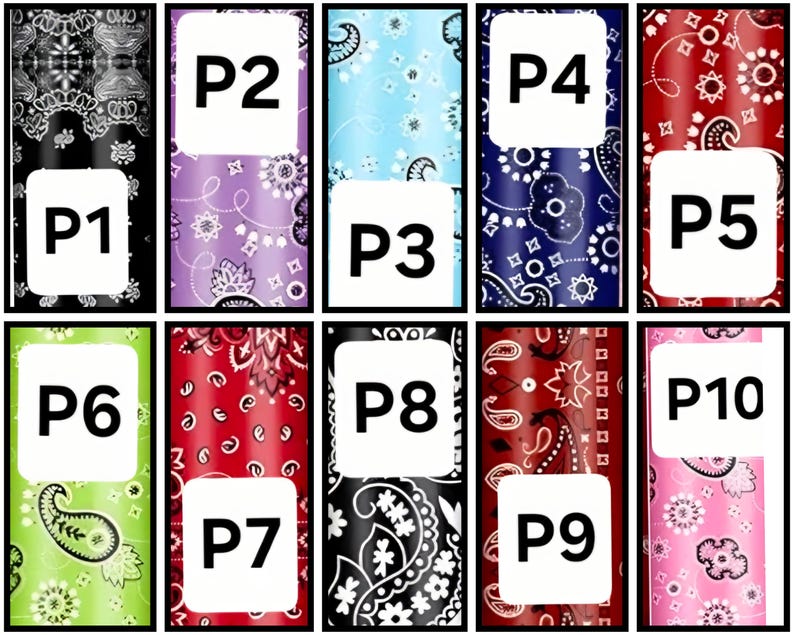 Puede incluir: Una cuadr&iacute;cula de diez muestras rectangulares con varios patrones de bandana de cachemira en negro, morado, azul claro, azul oscuro, rojo, verde lima y rosa. Cada muestra est&aacute; etiquetada con un recuadro blanco con texto negro de P1 a P10.