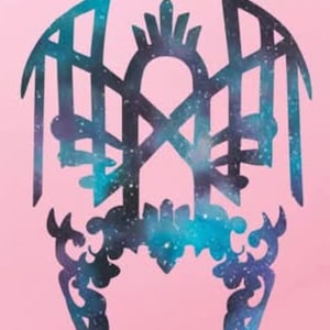 May include: A symmetrical graphic design featuring an arched structure with wing-like extensions on both sides. The design is filled with a dark blue and purple galaxy pattern containing white star-like specks, set against a solid light pink background.
