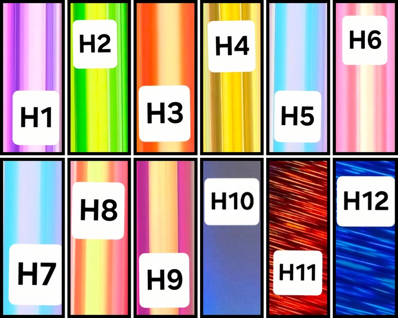 Puede incluir: Una cuadr&iacute;cula de doce muestras rectangulares con varios acabados met&aacute;licos y hologr&aacute;ficos, etiquetadas de H1 a H12. Los colores incluyen tonos de rosa, verde lima, naranja, oro, azul claro, rojo y azul oscuro con patrones lineales.