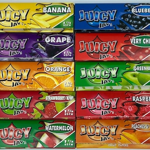 Juicy Jays 10 Pack Rolling Paper Bundle with Banana, Grape, Orange, Strawberry Kiwi, Watermelon, Blueberry, Cherry, Apple, Raspberry, Peach