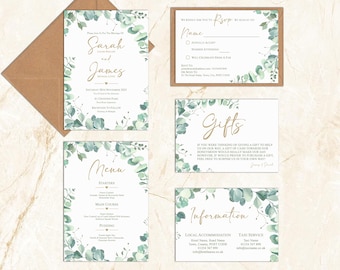 Wedding Invitations, Botanical Wedding Invitation, Wedding Invite, Wedding Menu, Eucalyptus Wedding Invite, Personalised Wedding Invites