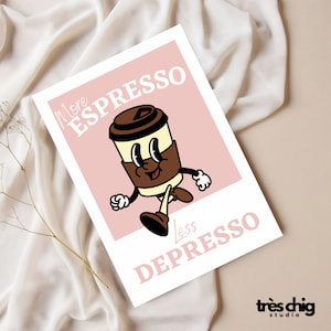 Postal "menos Depresso" da Très Chig Studio, café, café, bebida, feliz, mais, expresso, presente, presente, para viagem, cartão, engraçado, engraçado