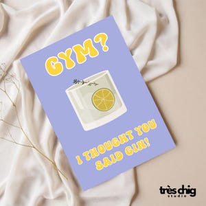 Carte postale "Gym ou Gin ?" par Très Chig Studio, idée cadeau, cadeau, sport, fitness, alcool, cocktail, citron, studio, escarpins, rigolo, fun