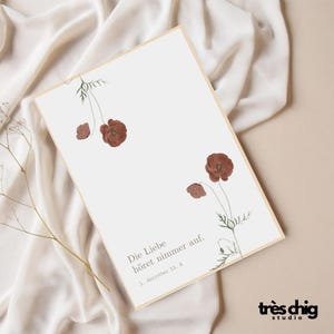 Carte postale « L'amour ne s'arrête jamais » de Très Chig Studio, idée cadeau, cadeau, deuil, enterrement, coquelicots, fleurs, amour, adieu, mort