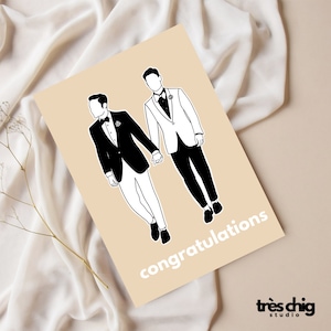 Carte postale « Wedding Men » de Très Chig Studio, gay, queer, gay, couple marié, mariage, cadeau, carte, cadeau, idée cadeau, bohème, simple
