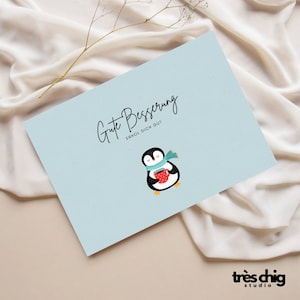 Postkarte "Gute Besserung Pinguin" von Très Chig Studio, Geschenkidee, Geschenk, Genesung, Gesundheit, Krankheit, Pinguin, Tee, Kalt, Krank