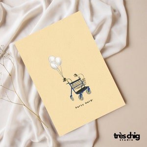 Carte postale « Party Hard Rollator » par Très Chig Studio, idée cadeau, présent, ancien, maléfique, drôle, déambulateur, anniversaire, ballon, retraité