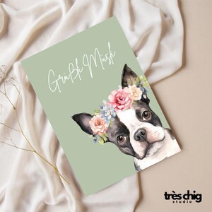 Postkarte "Grüßli Müsli Hund “ von Très Chig Studio, Geschenkidee, impress, dog, Dogge, lustig, Tier, Begrüßung, Hallo, Funny, cut, Blume